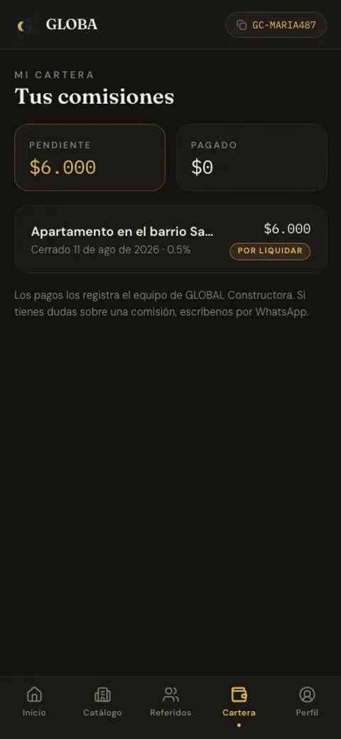 Cartera de comisiones en la app GLOBA